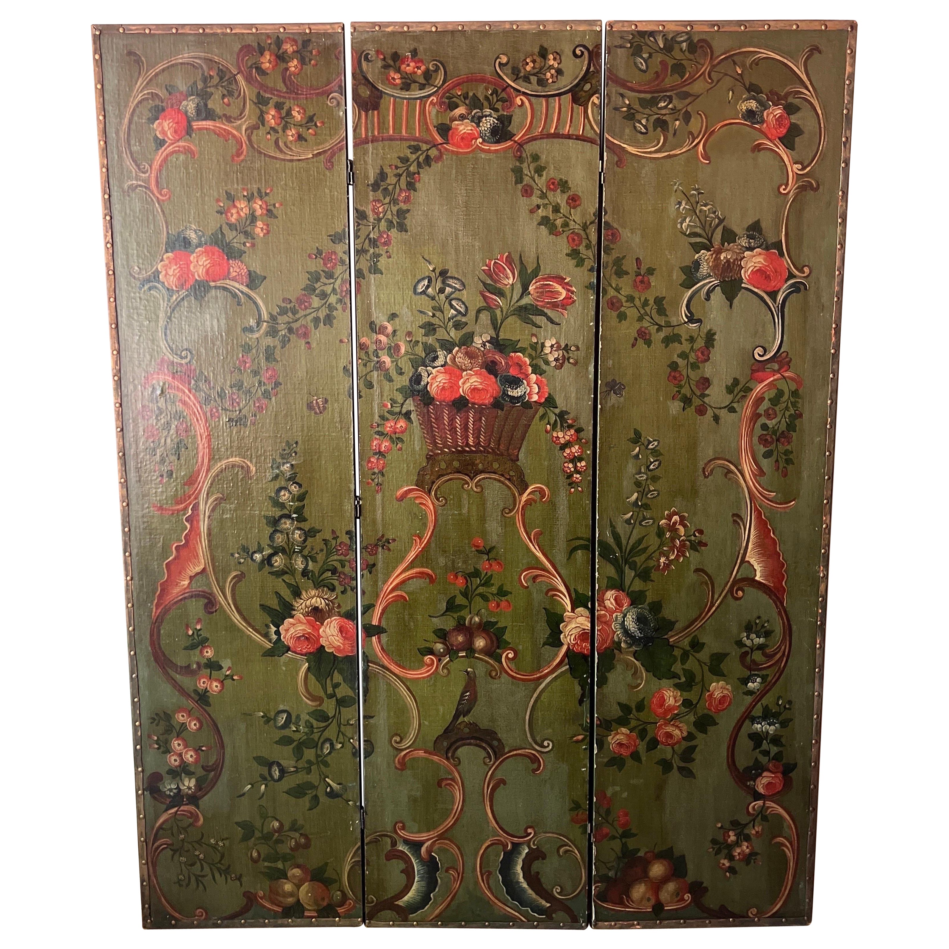 19th Century Italian Floral Painted 3 Panel Folding Floor Screen / Room Divider