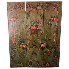Antique 19th Century Italian Floral Painted 3 Panel Folding Floor Screen / Room Divider