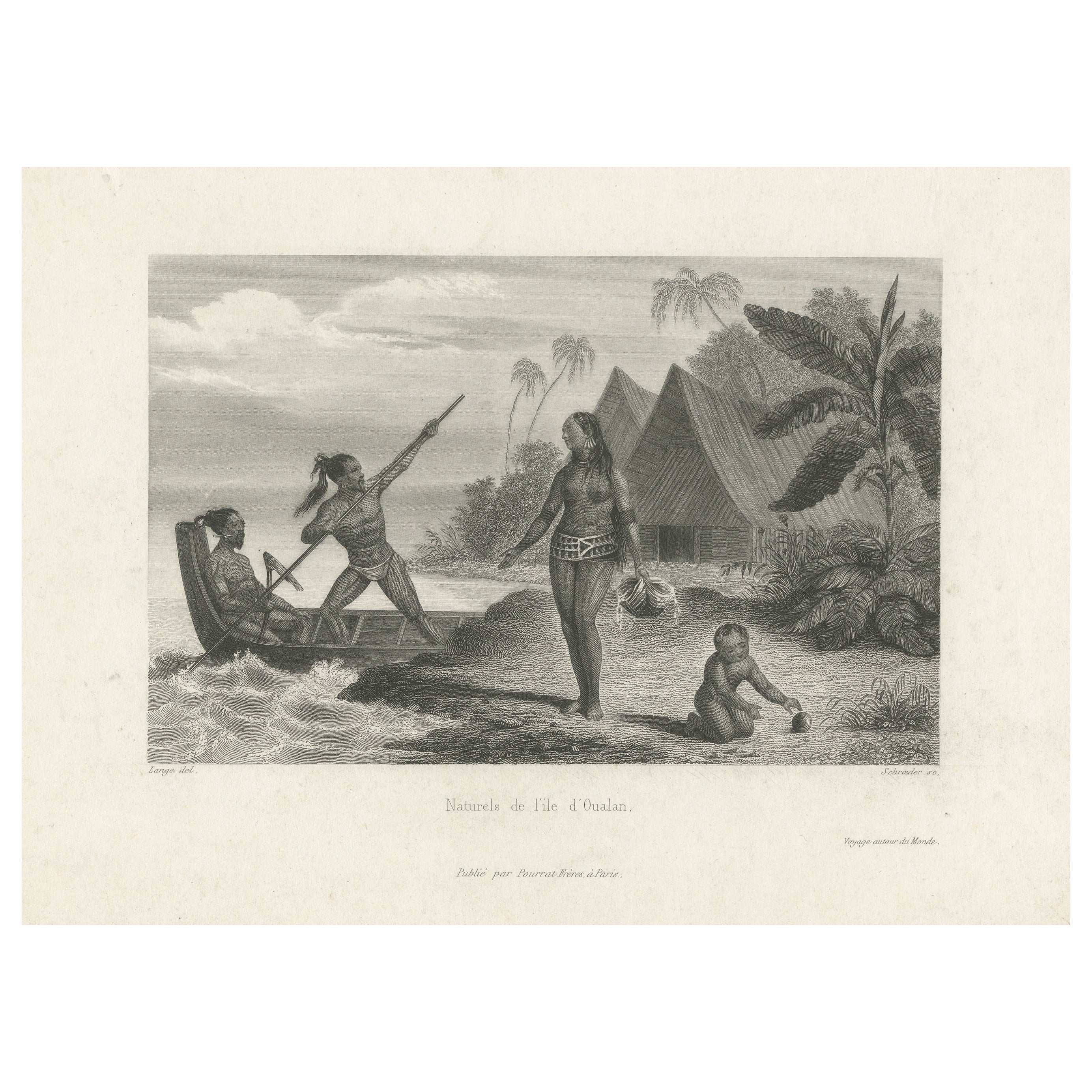 Antique Print of Habitants of Oualan Island, Caroline Islands For Sale