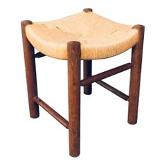 Tabouret rustique français en chêne et jonc, France, années 1950