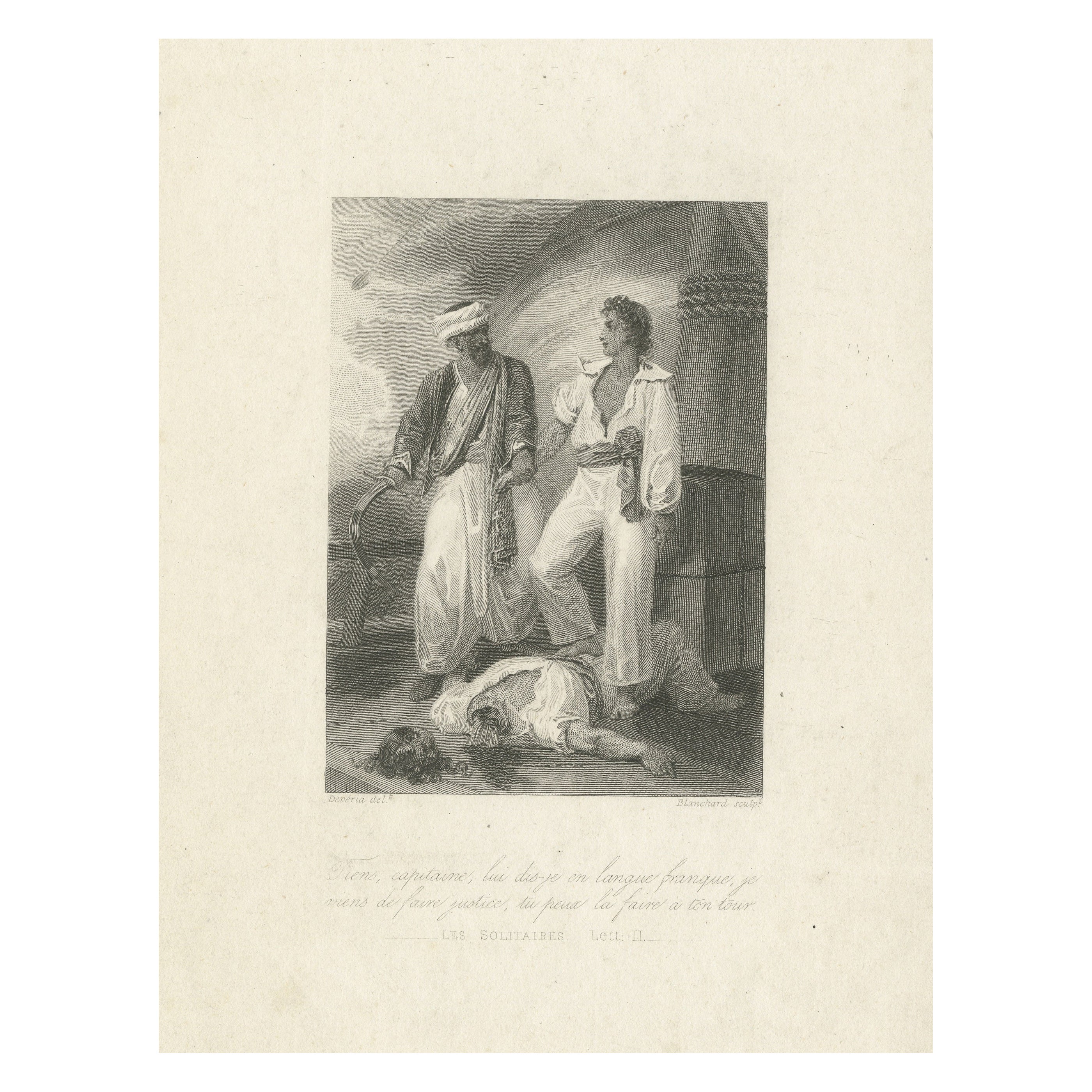 Antique Print with a Decapitation Scene of 'Les Solitaires' by Rousseau For Sale