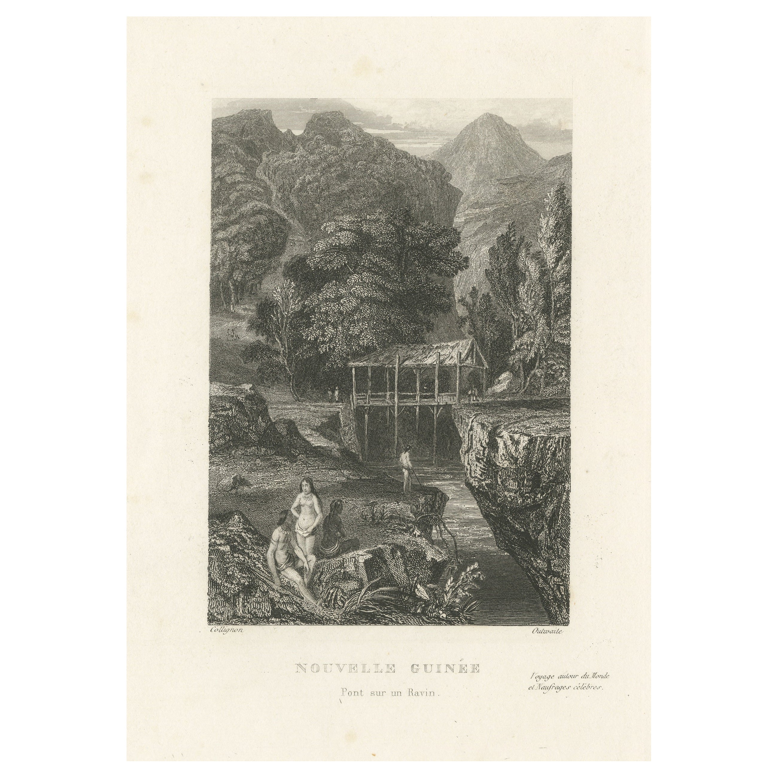 Antique Print of a Bridge over a Ravine in New Guinea For Sale