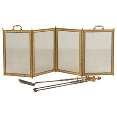 Late 19th Century Gilt Metal Fireplace Screen with Tong and Shovel