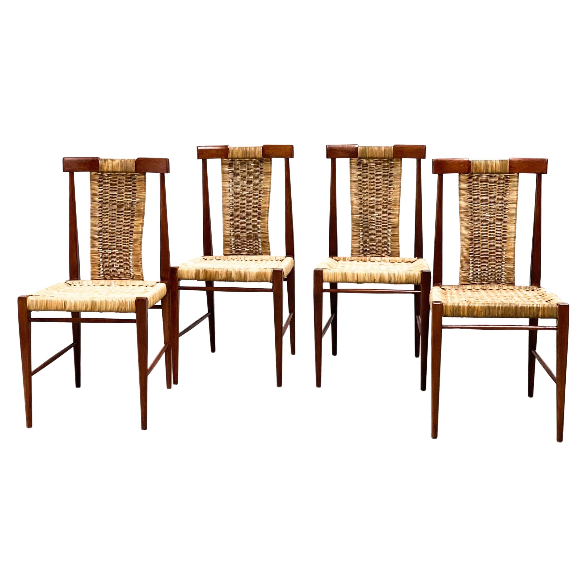 Vintage Teak and Wicker Dining Chairs, 1960s For Sale