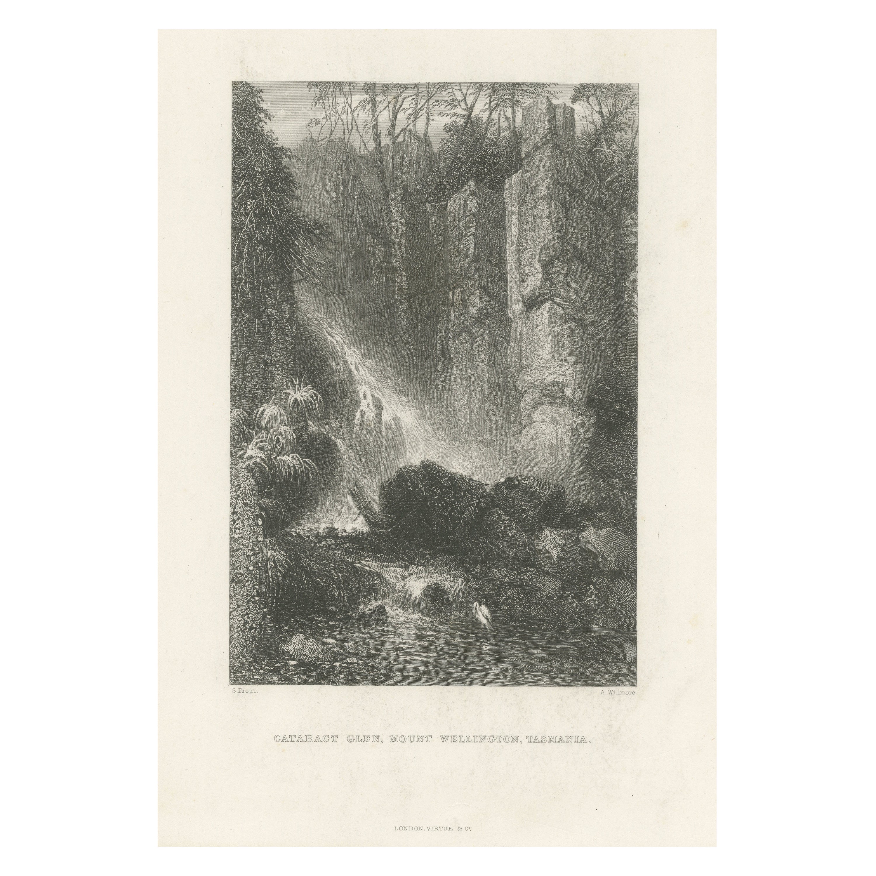Antique Print of a Waterfall Near Mount Wellington, Tasmania, Australia For Sale