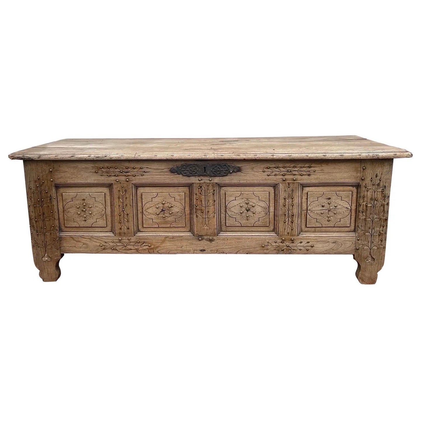 1800s Hand Carved Elizabethan Elm Coffer For Sale