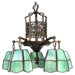 Antique 1920s Cast Mixed Metal Green Slag Glass Shade Chandelier