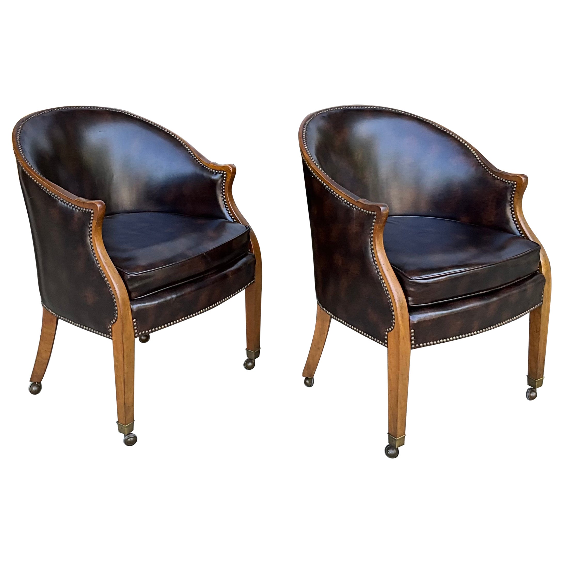 1970s Baker Furniture Leather, Brass & Fruitwood Barrel Back Club Chairs Pair For Sale