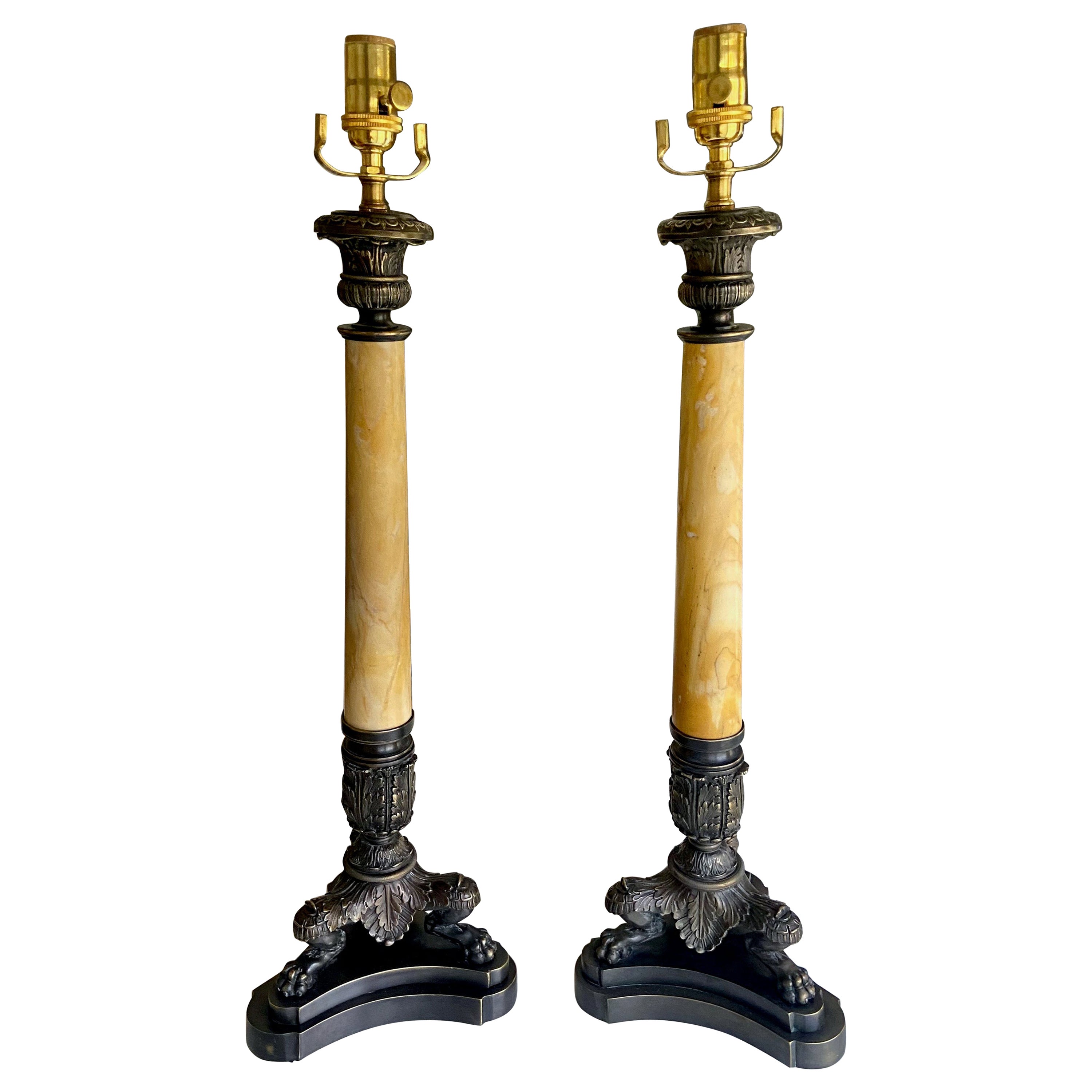 Pair Bronze Empire Lion Paw Alabaster Table Lamps