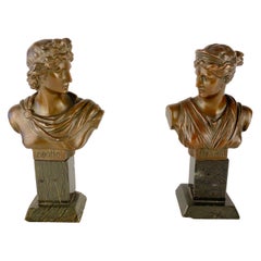 Antique Pair of Neoclassical Bronze Busts Apollo and Diana Mounted on Black Marble