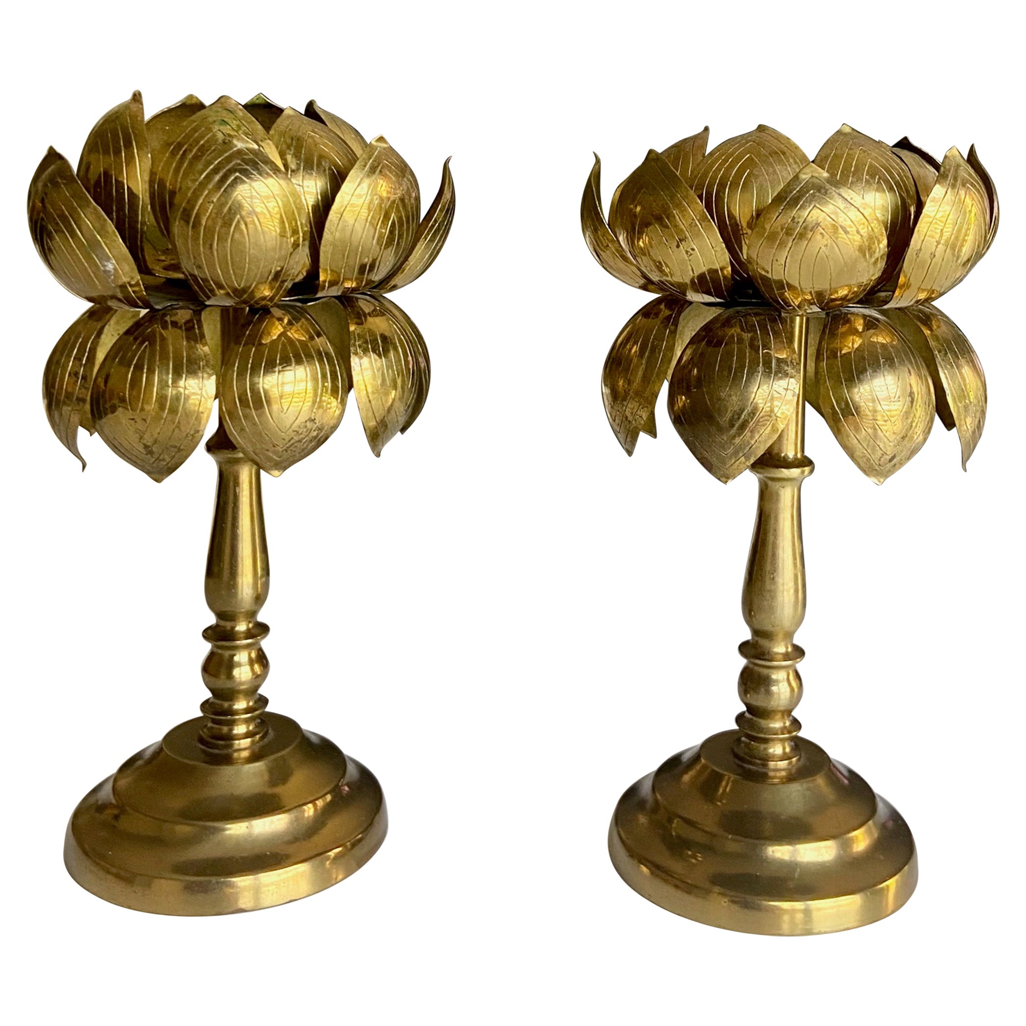 Pair Brass Lotus Flower Candleholders Feldman For Sale