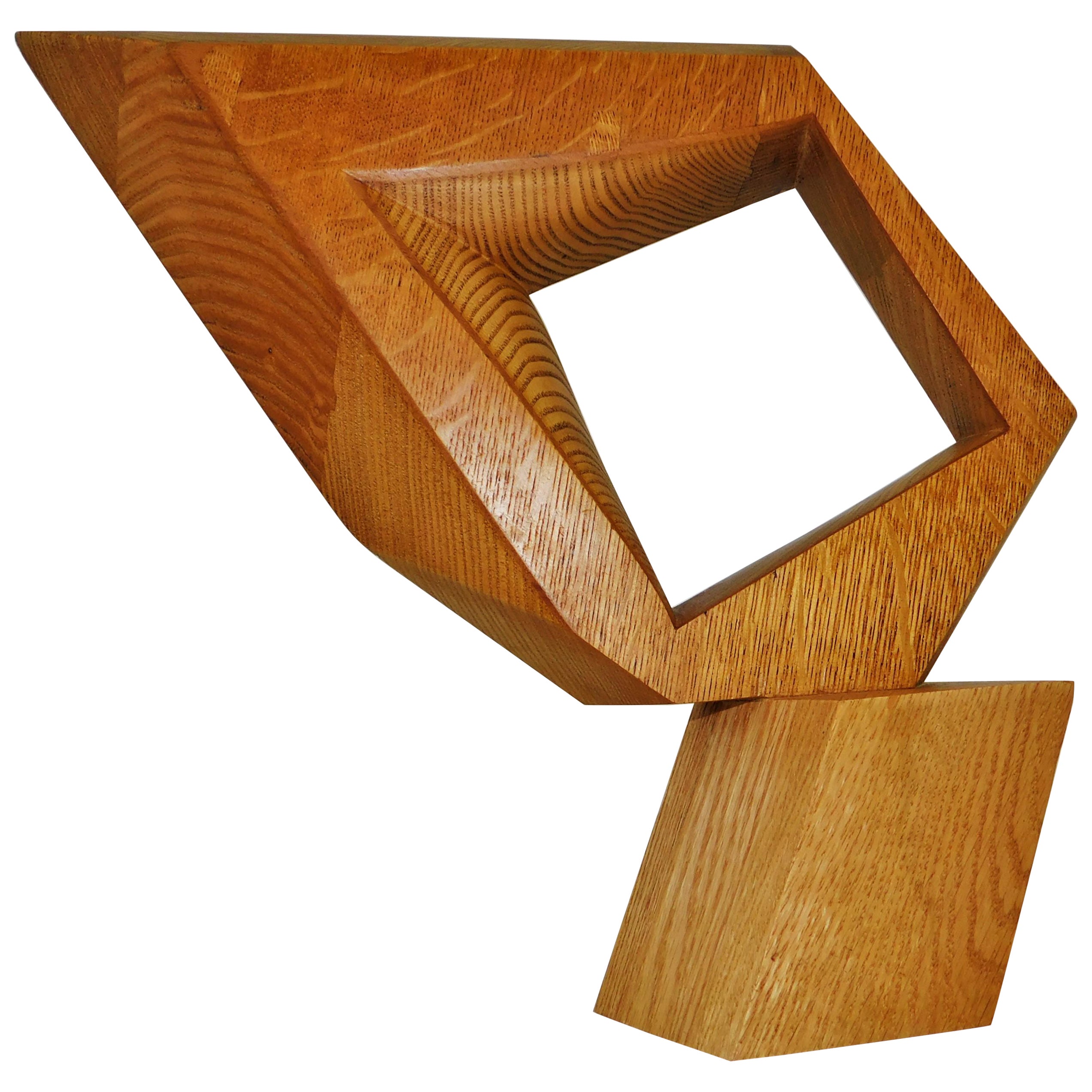 Signed Modern Abstract Constructivist Styled Wooden Oak Sculpture For Sale