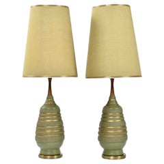 Mid-Century Modern Avocado Green and Gold Plasto Lamps with Original Shades