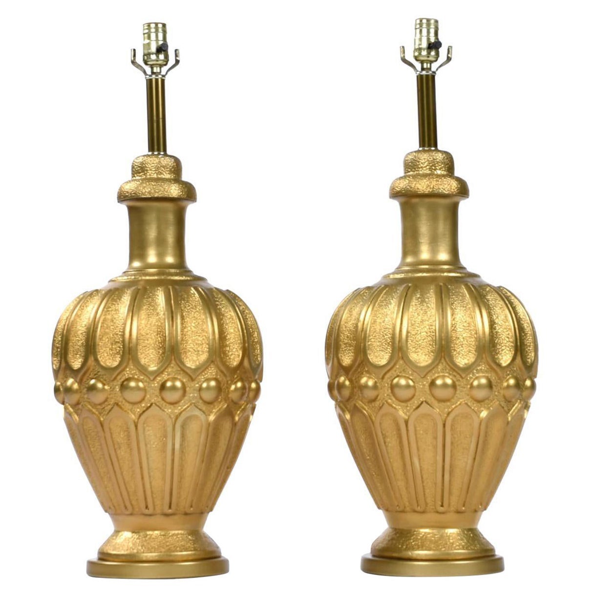 Pair of Large Mid-Century Modern Gold Colored Genie Lamps on Brass Bases