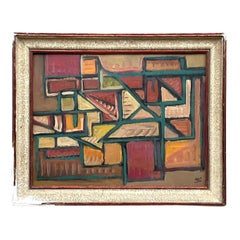 Vintage French Modernist Signed Abstract Original Oil Painting on Canvas