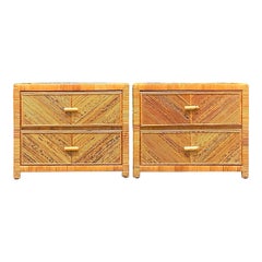 Late 20th Century Vintage Coastal Chevron Pencil Reed Nightstands - a Pair