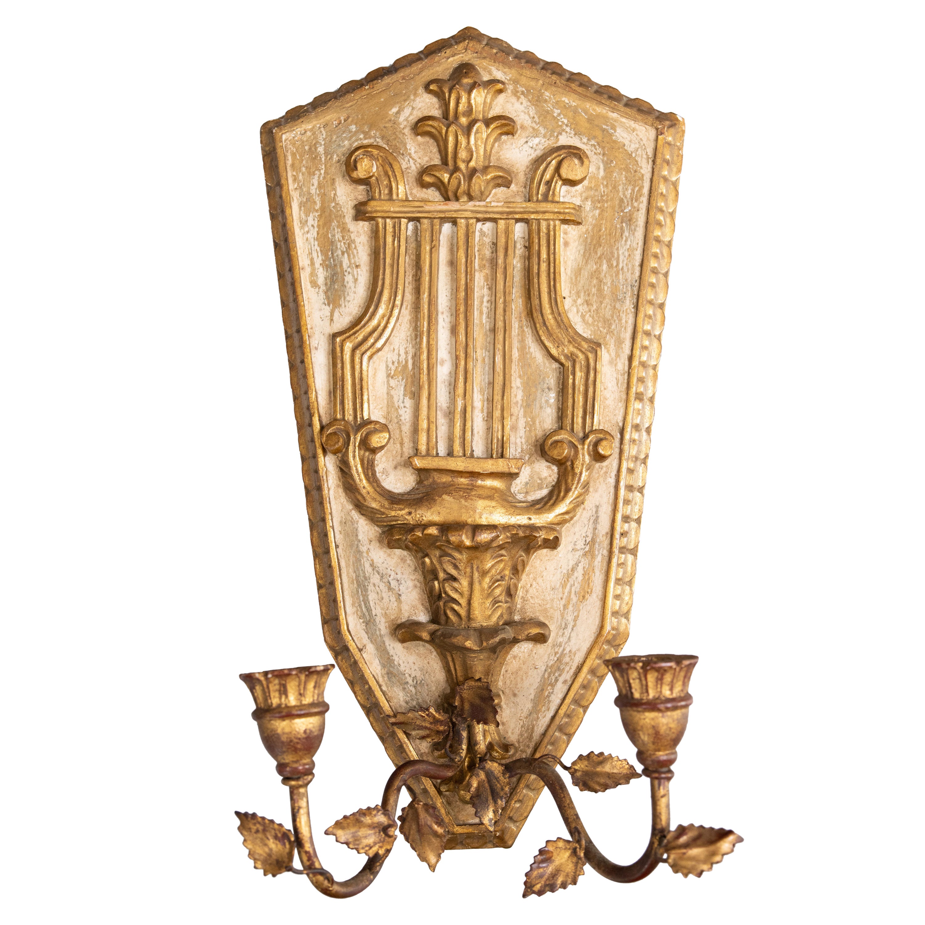 Italian Florentine Neoclassical Giltwood & Tole Lyre Wall Candle Sconce, 1950