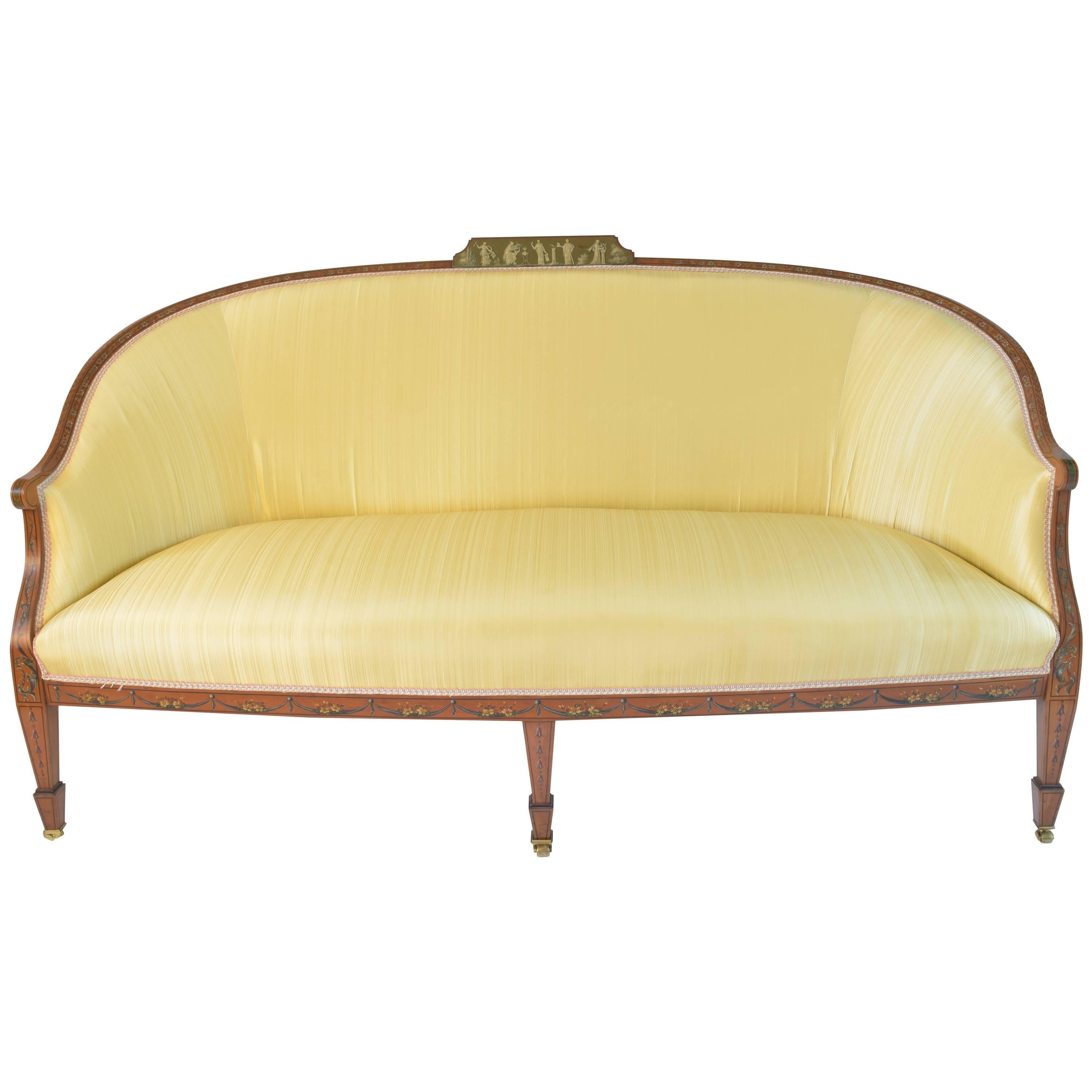 English Sheraton Settee with Painted Neoclassical Figural Detail, circa 1870