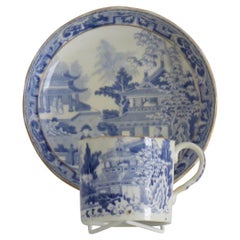 Antique Miles Mason Coffee Can & Saucer Porcelain Chinamen on Verandah Pattern, Ca 1805
