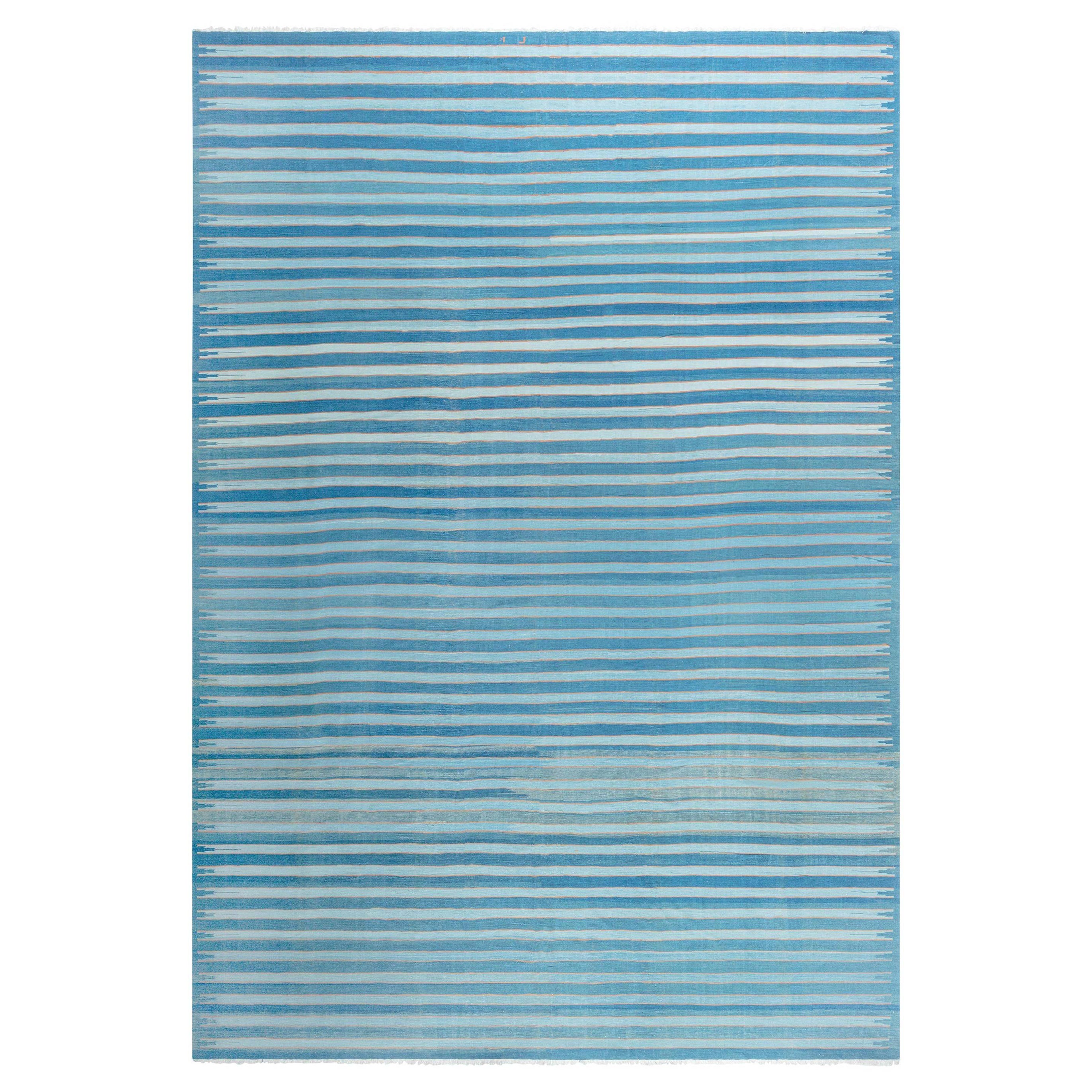 Doris Leslie Blau Collection Vintage Indian Dhurrie Striped Blue Rug