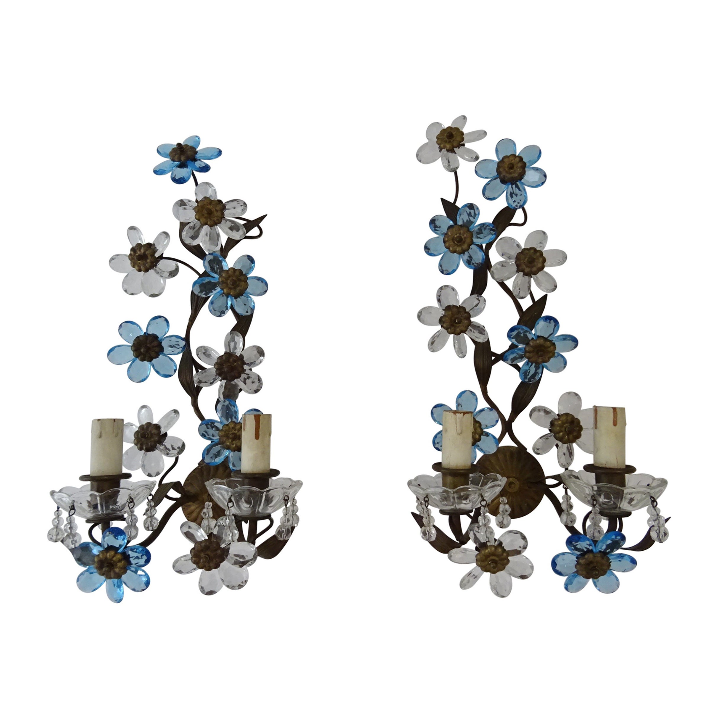 Clear & Blue Flower Maison Baguès Crystal Flower Sconces Signed circa 1920 For Sale