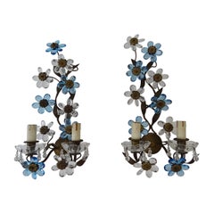 Antique Clear & Blue Flower Maison Baguès Crystal Flower Sconces Signed circa 1920