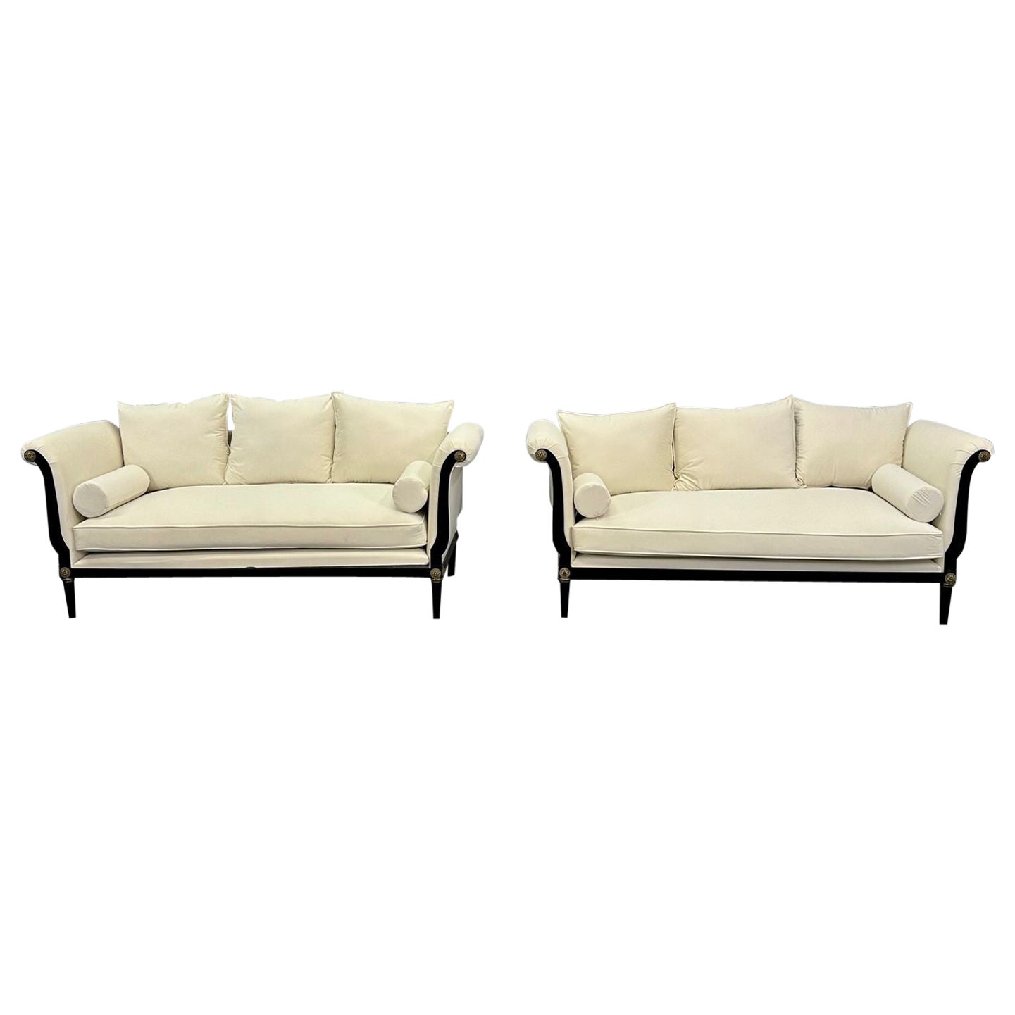John Vesey Style, Hollywood Regency, Scroll Arm Sofas, Steel, Bronze, Velvet For Sale
