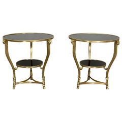 Pair of French Rams Head Gueridon, End or Side Tables, Black Marble Top, Bronze