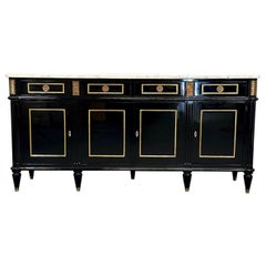 Louis XVI Hollywood Regency Black Lacquer Sideboard / Credenza, Bronze Mounted