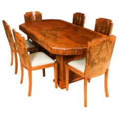 Antique Art Deco Burr Walnut Dining Table & 6 Shaped Back Chairs 1920s 20th C