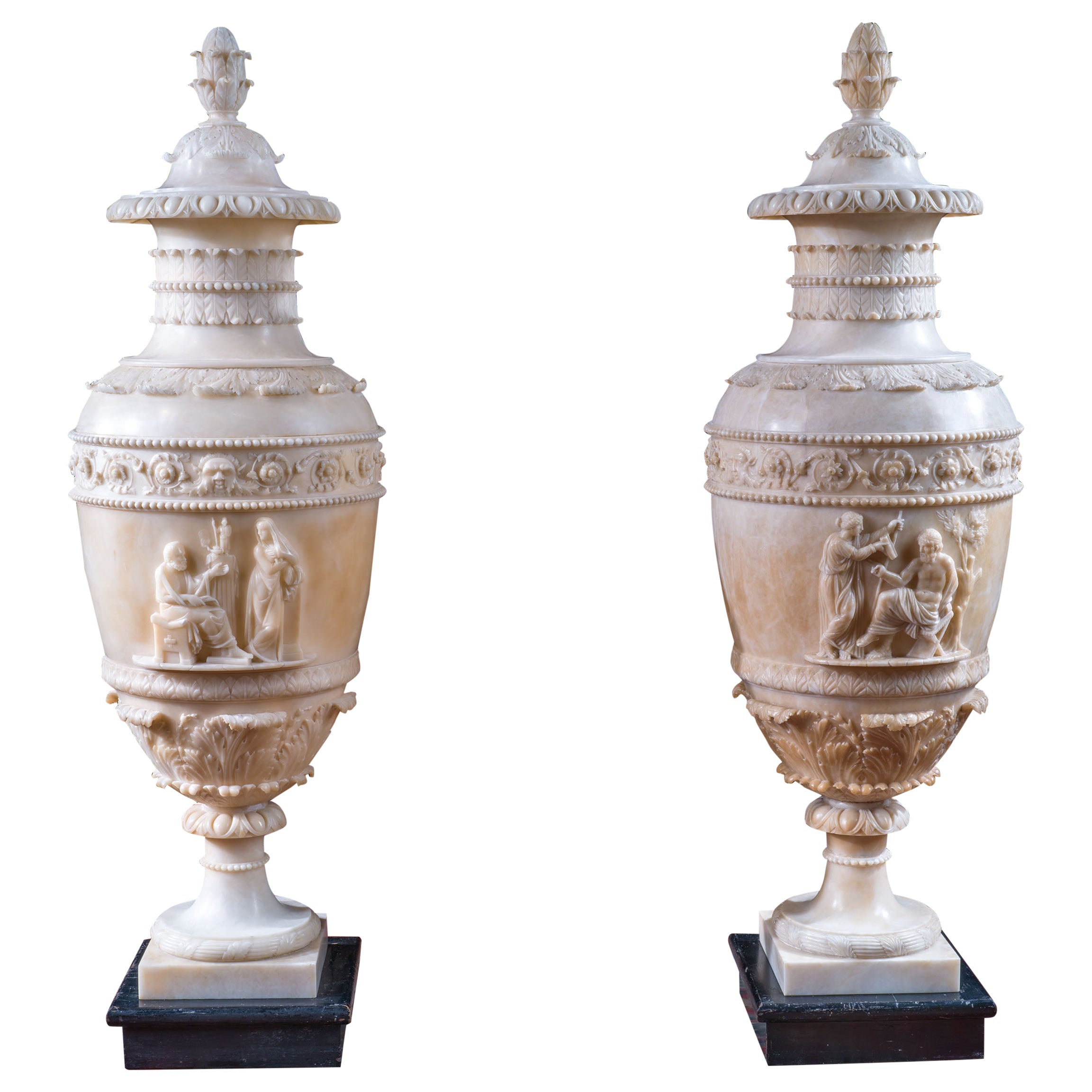 Pair of Exceptional Alabaster Lorenzo Bartolini Urns