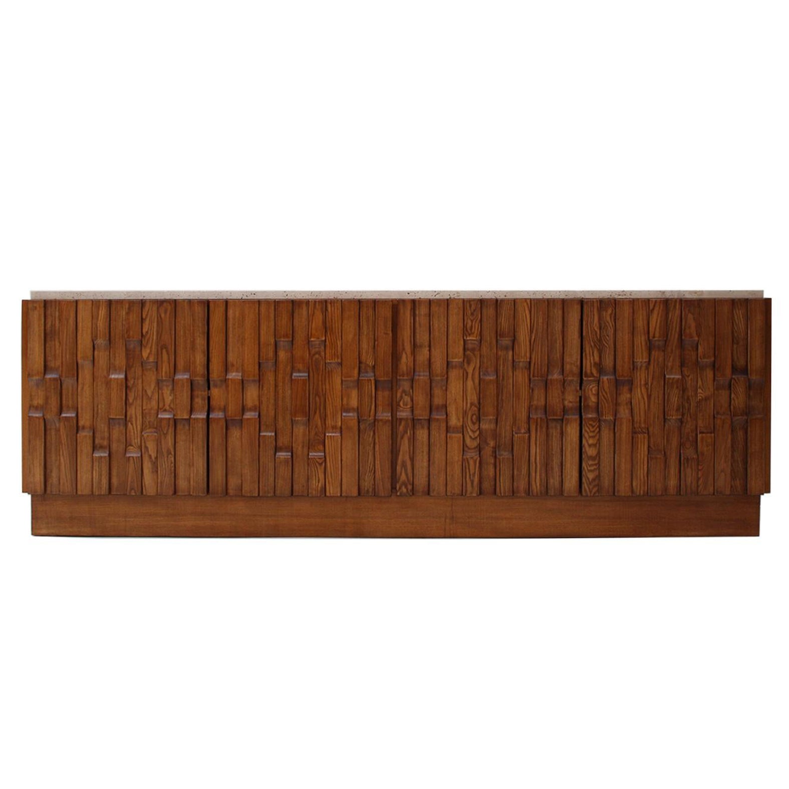 Italian Oak Wood Sideboard with Travertine Marble Top and Hand Carved Patterns For Sale