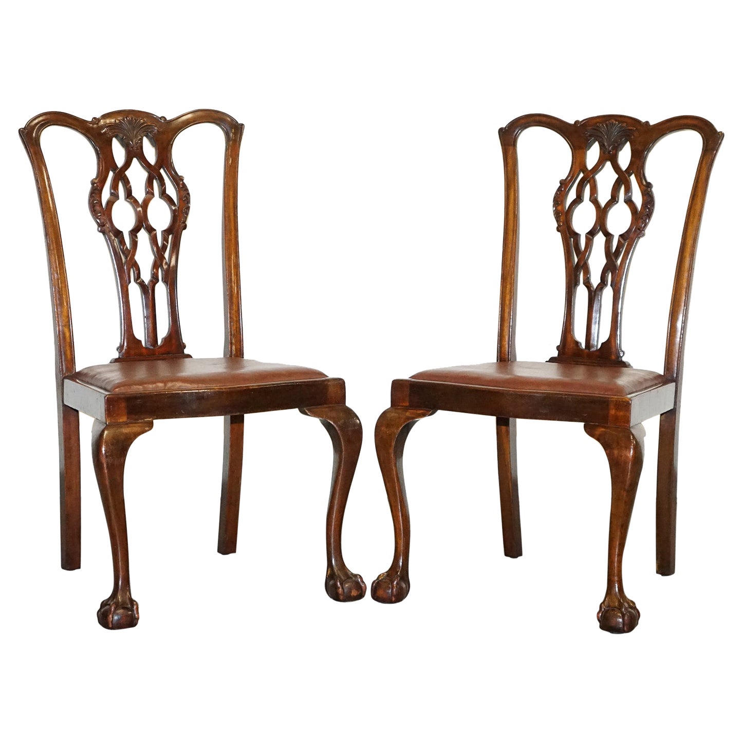 James Phillips Chippendale Style Claw & Ball Side Dining Desk Leather Chairs For Sale