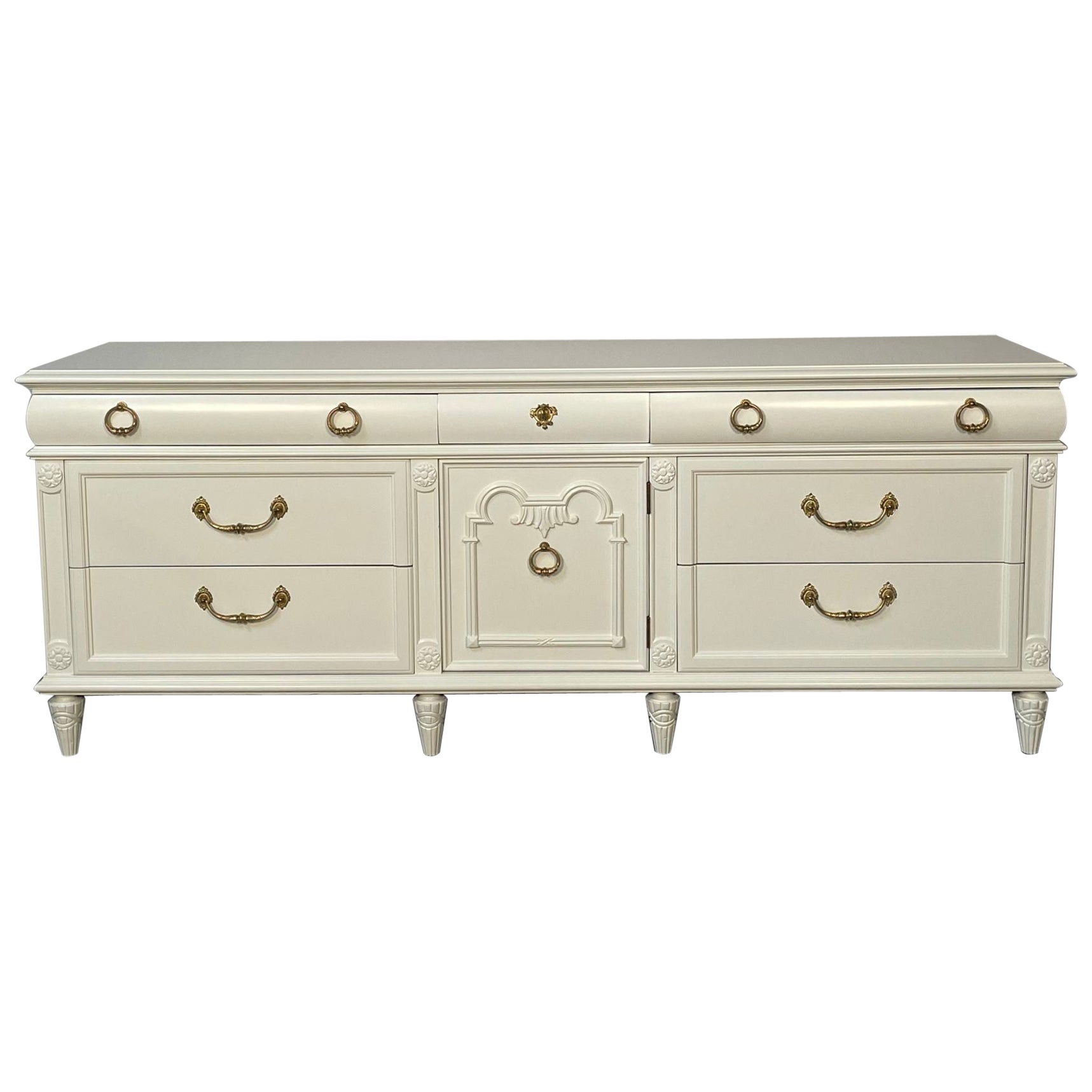 Louis XVI Style Painted Dresser, Mid-Century Modern, Commode, Bronze, off White For Sale