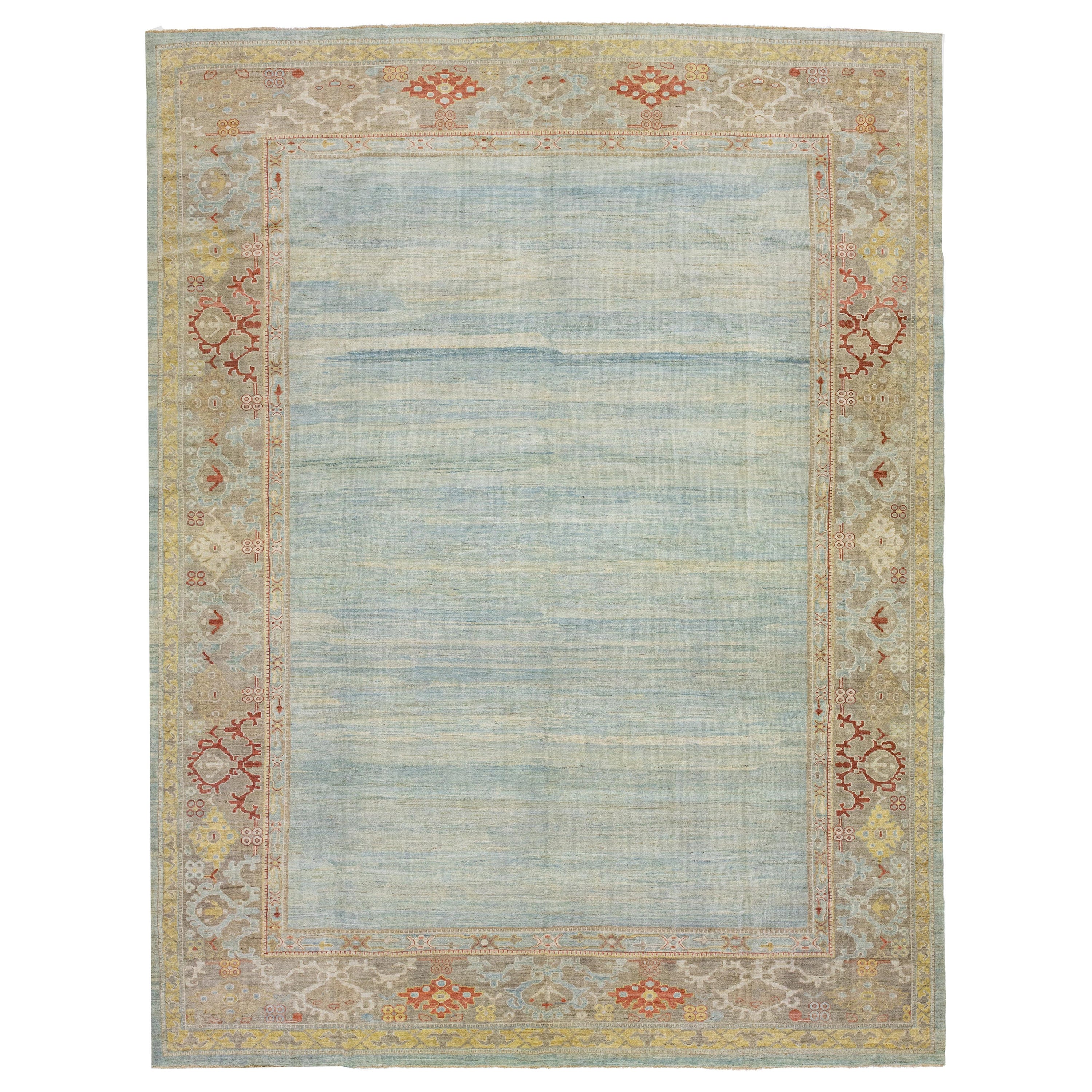 Modern Blue Sultanabad Wool Rug With Floral Motif For Sale