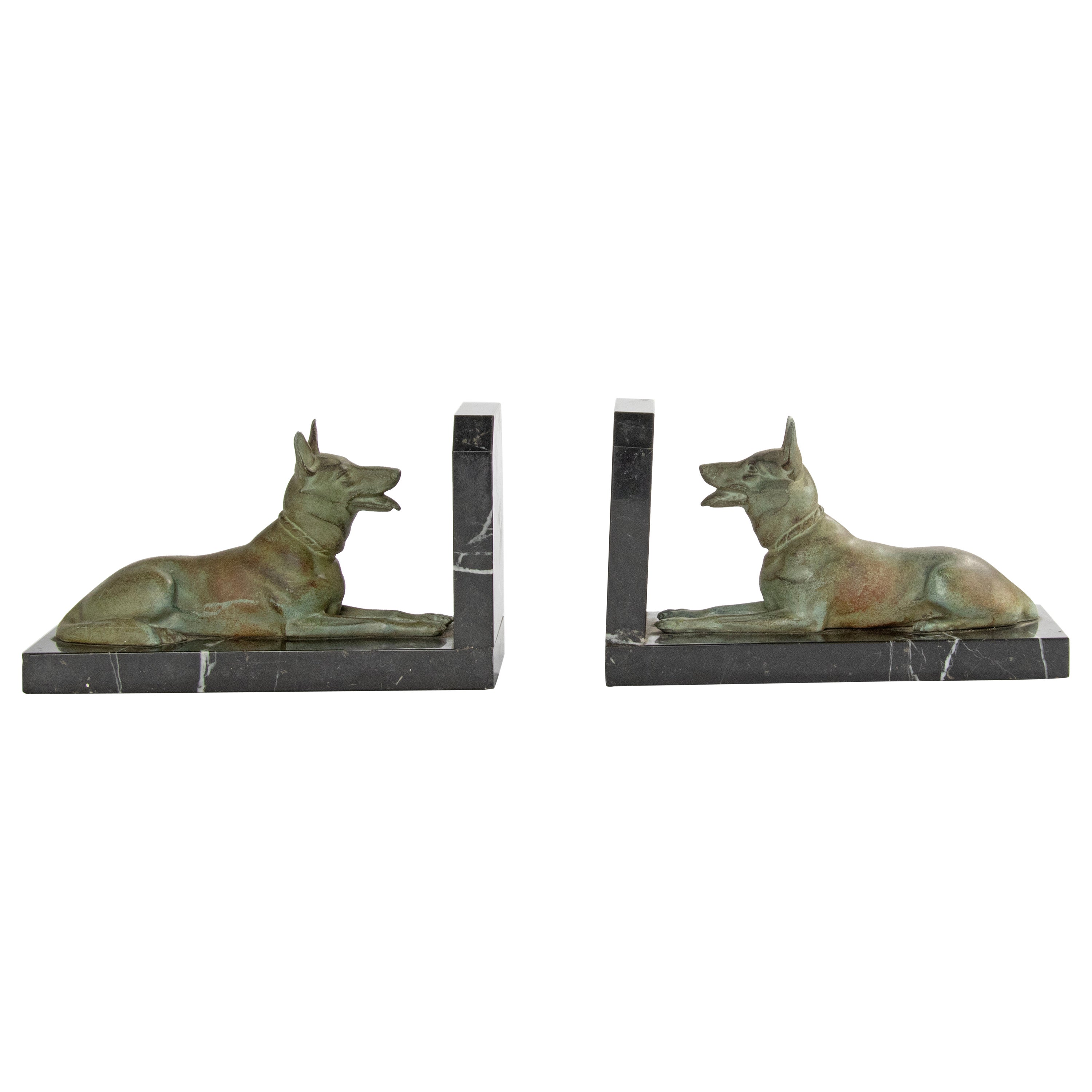Art Deco Period Spelter and Marble Bookends with Belgian Shepherd Dogs