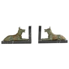 Art Deco Period Spelter and Marble Bookends with Belgian Shepherd Dogs