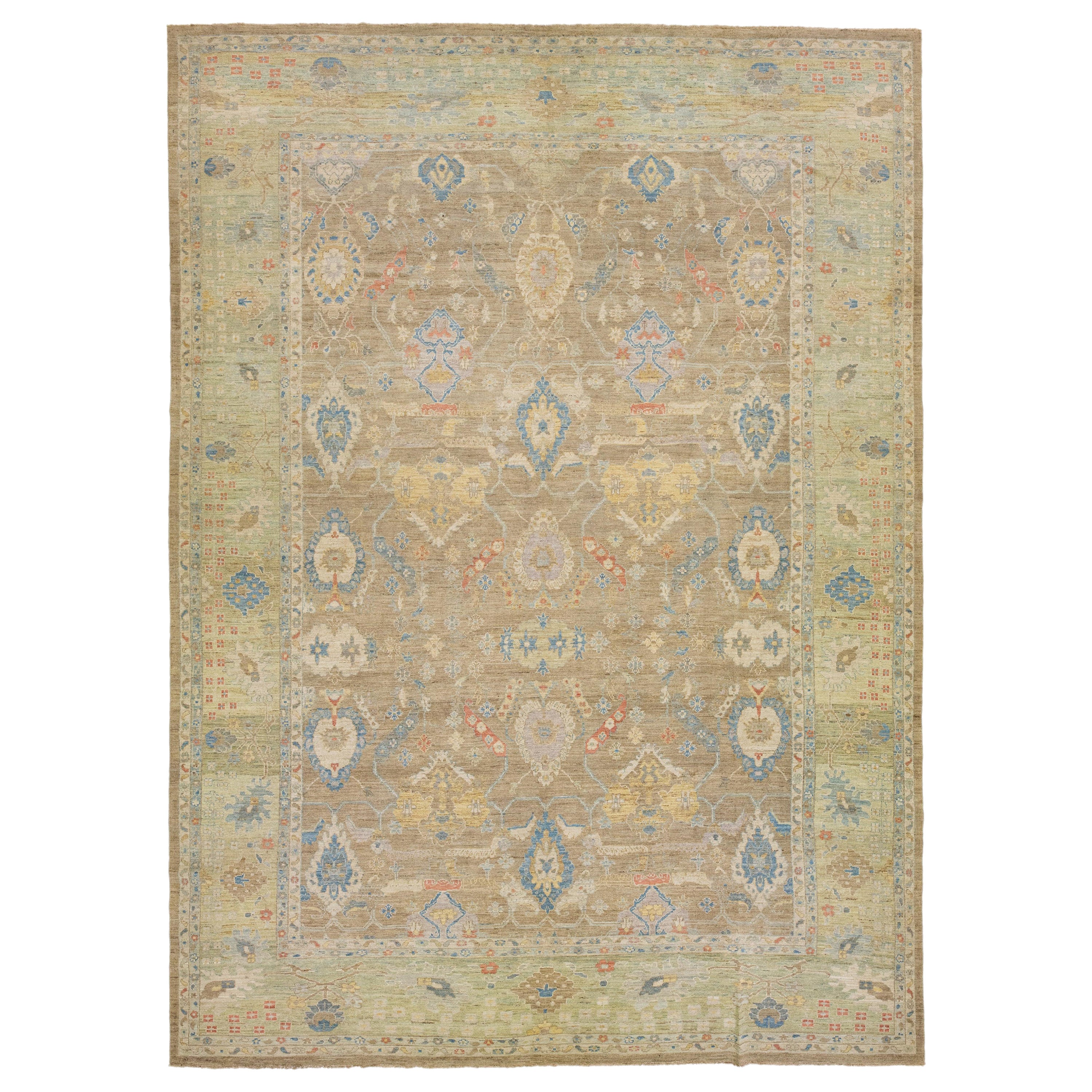 Oversize Modern Floral Sultanabad Wool Rug with Brown Field