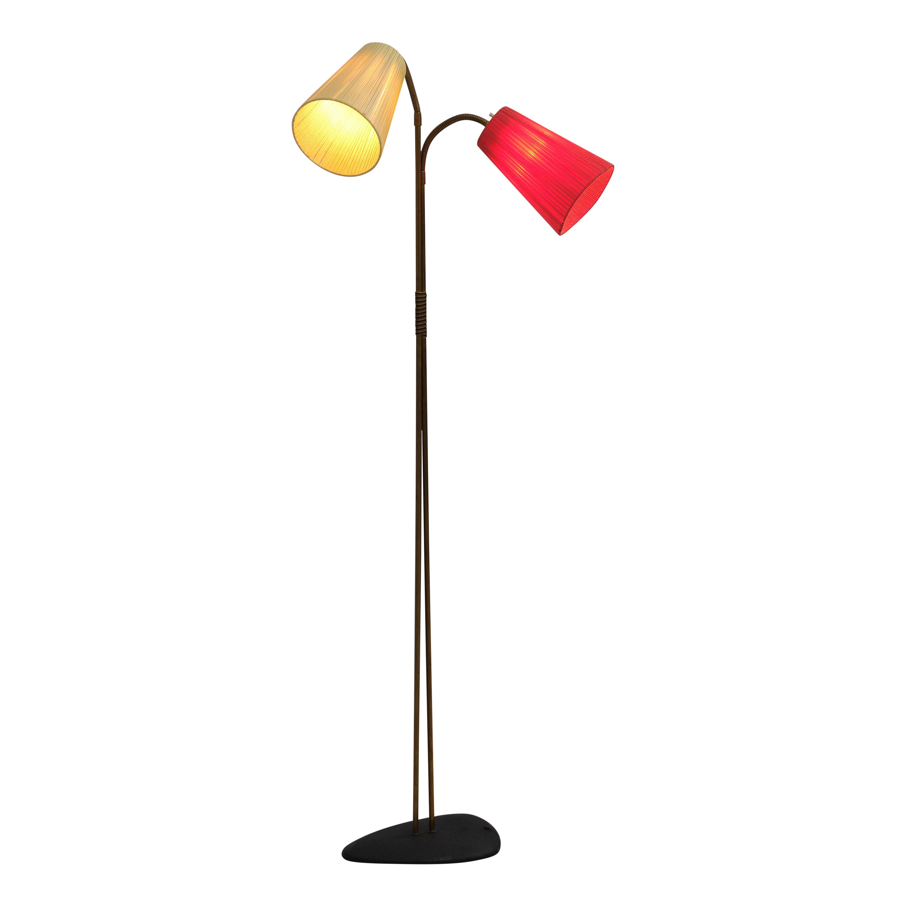 Lampadaire vintage moderne du milieu du siècle dernier : support à deux lumières avec diffuseurs colorés