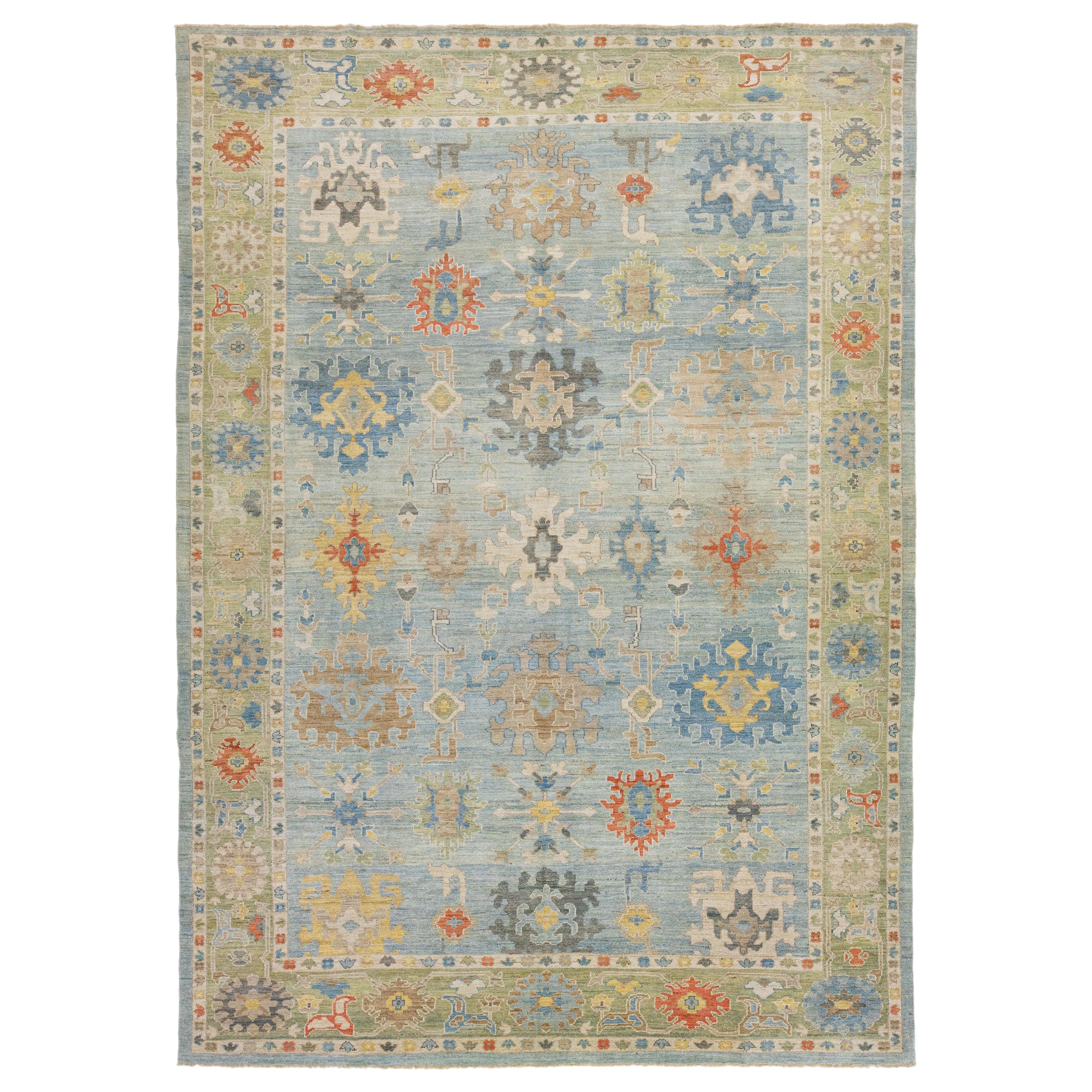 Blue Modern Sultanabad Floral Wool Rug For Sale