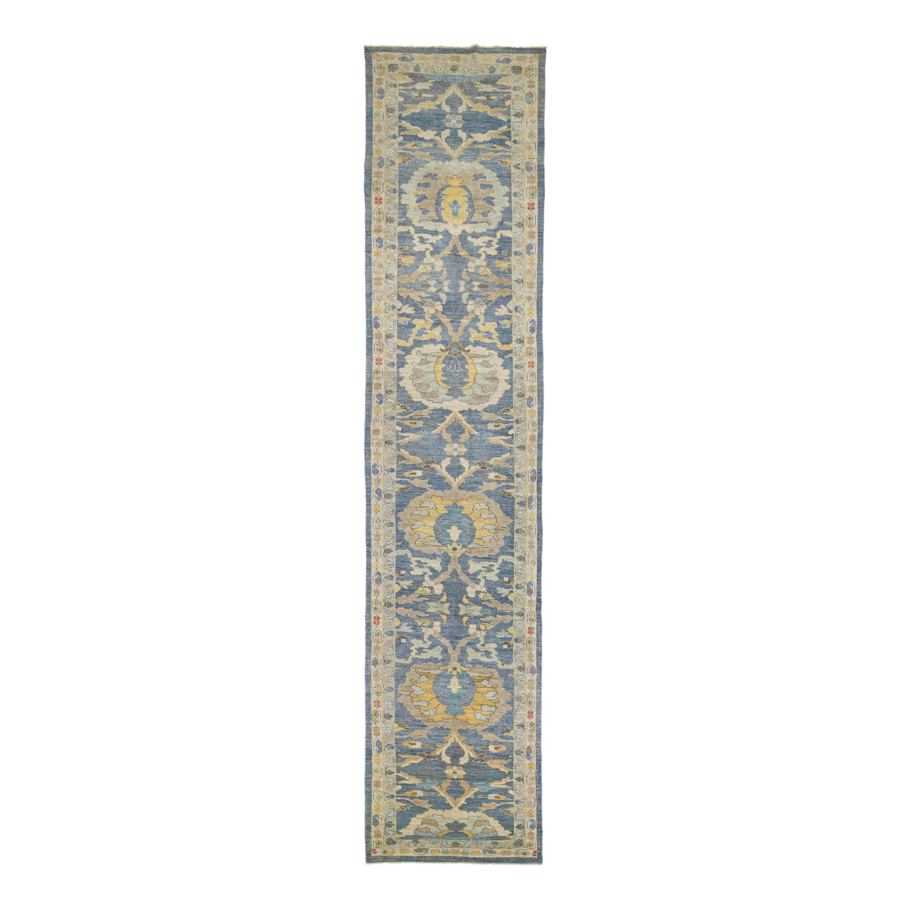 Floral Modern Sultanabad Long Wool Runner in Navy Blue For Sale