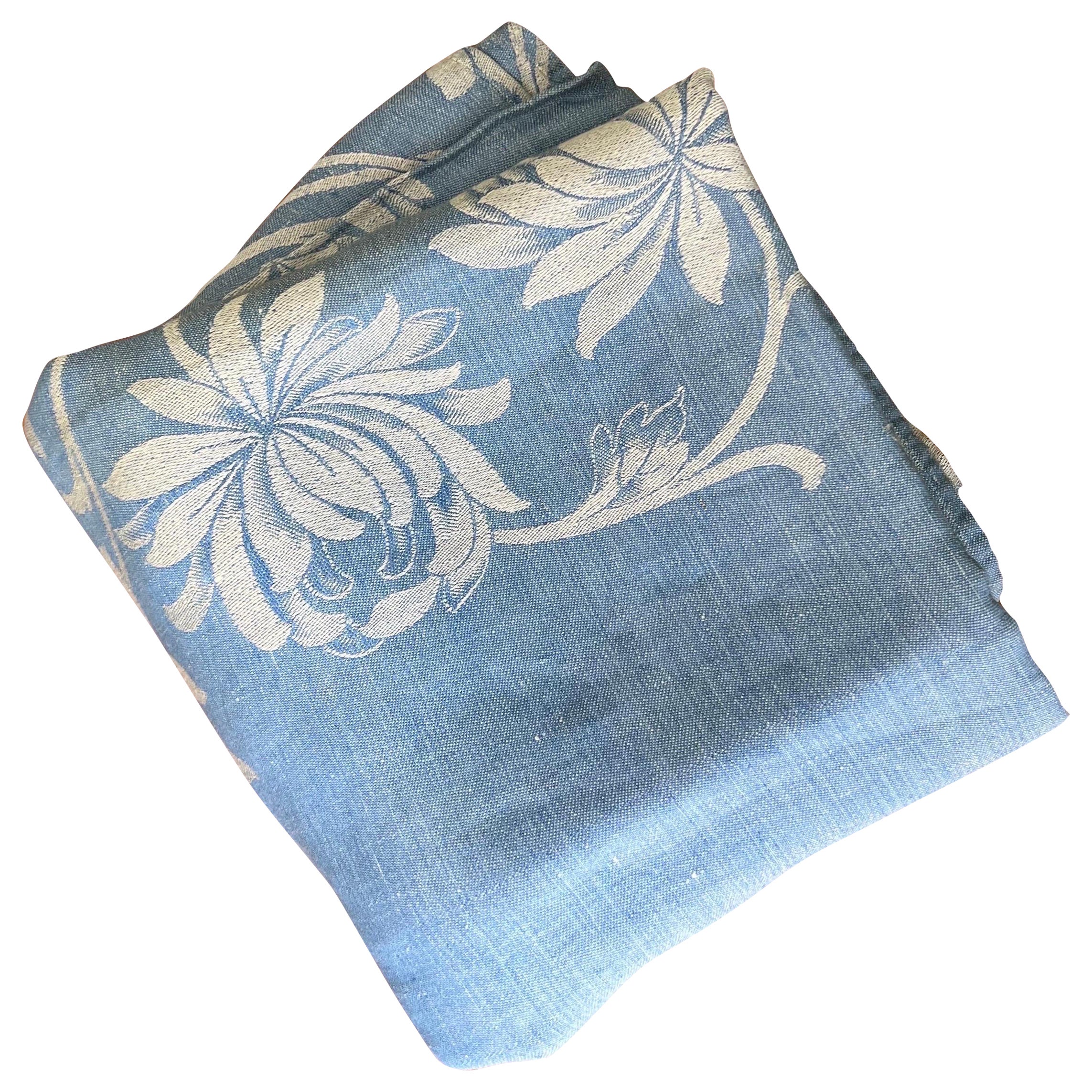 20th Century Blue Two-Tone Peony Pattern Square Tablecloth 