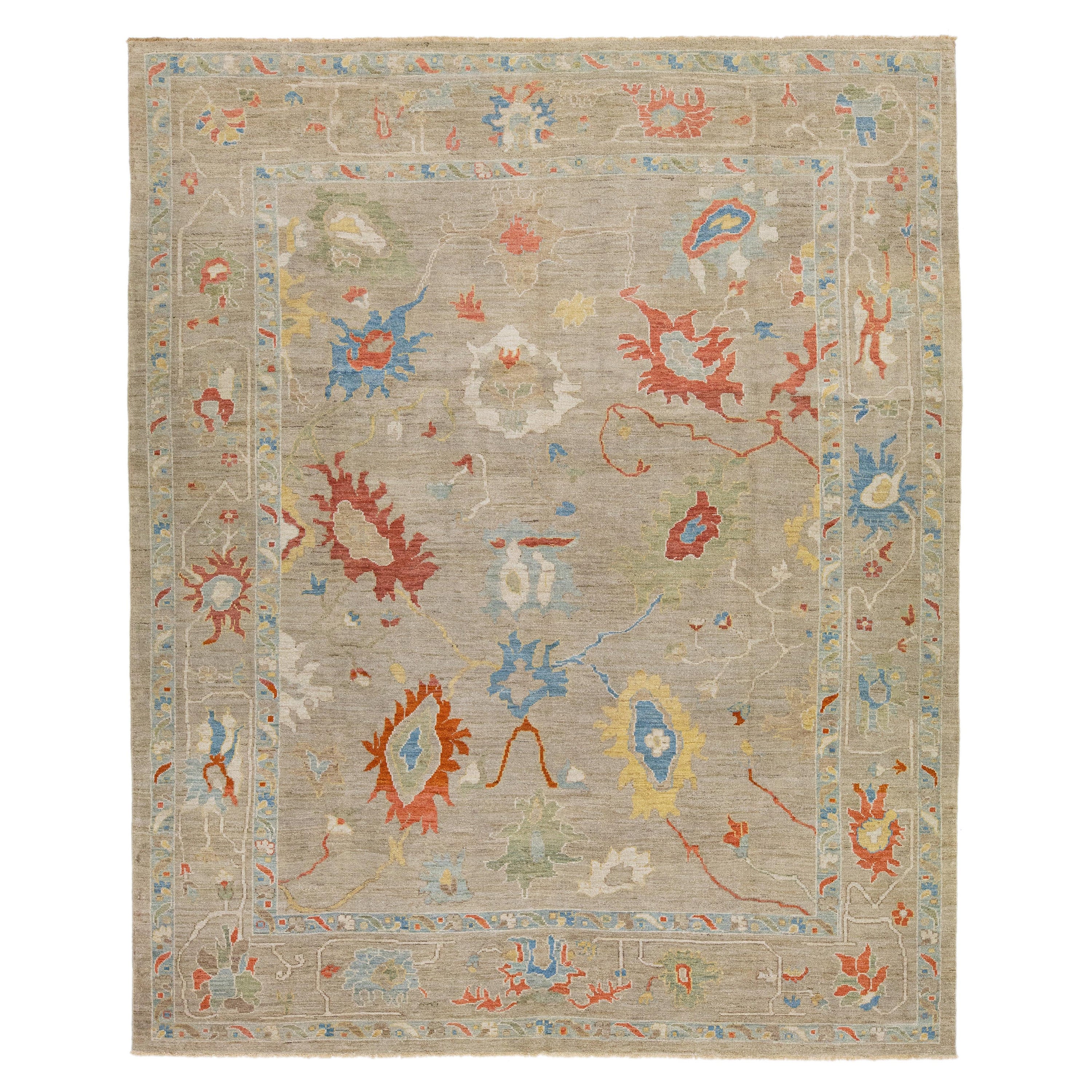 Brown Contemporary Sultanabad Wool Rug with Floral Pattern For Sale