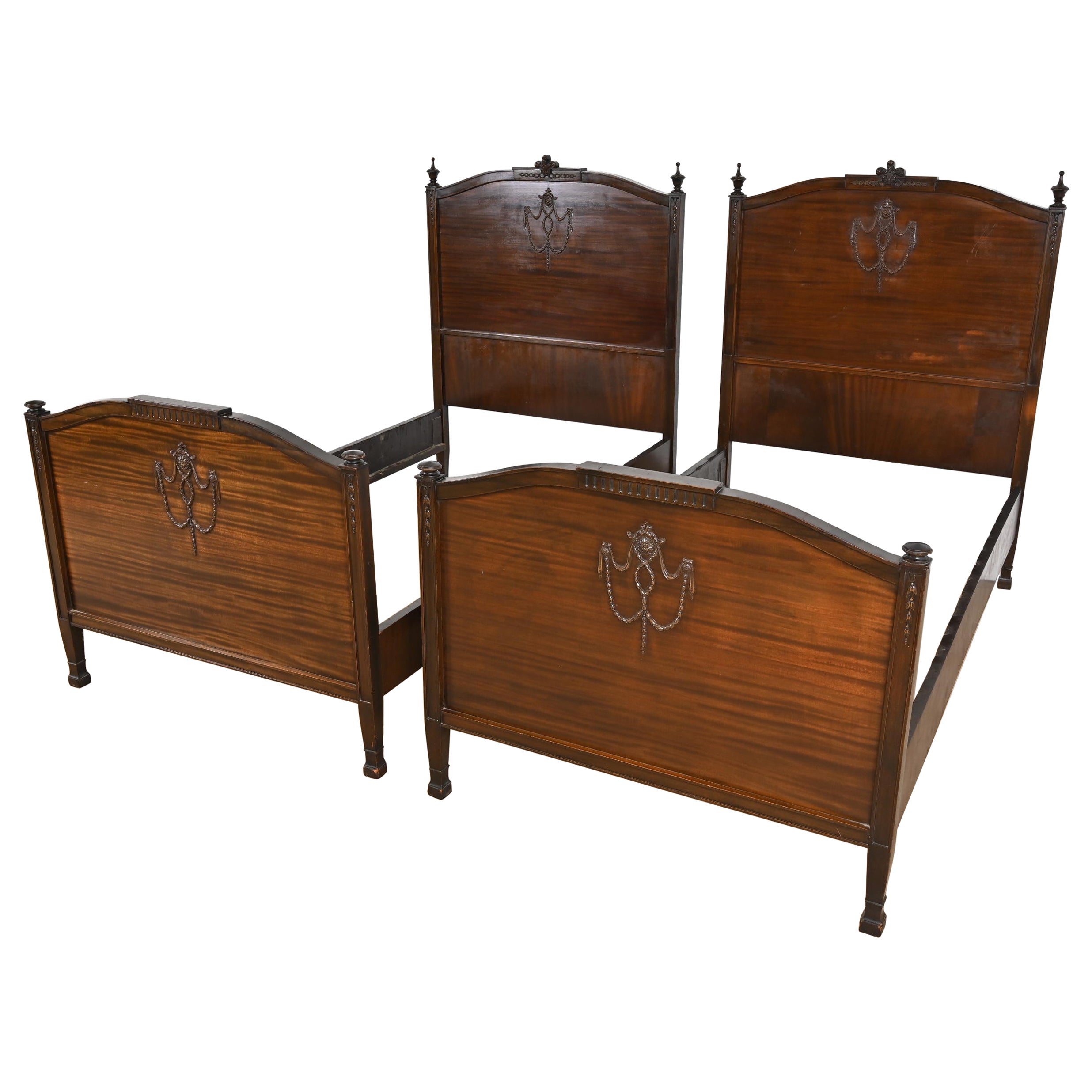 Antique French Regency Louis XVI Carved Mahogany Twin Size Beds, Pair For Sale