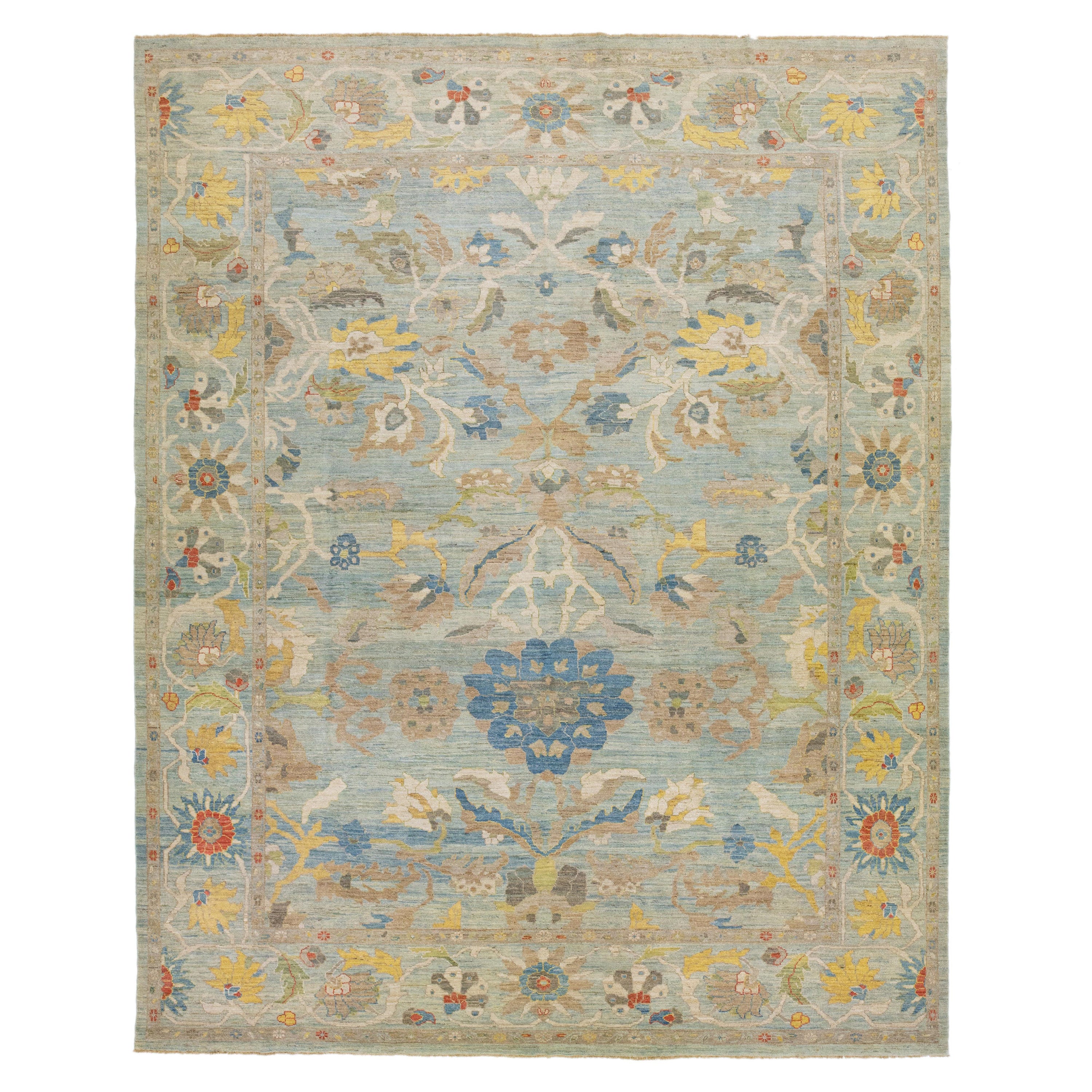 Blue Modern Sultanabad Oversize Wool Rug with Allover Floral Pattern