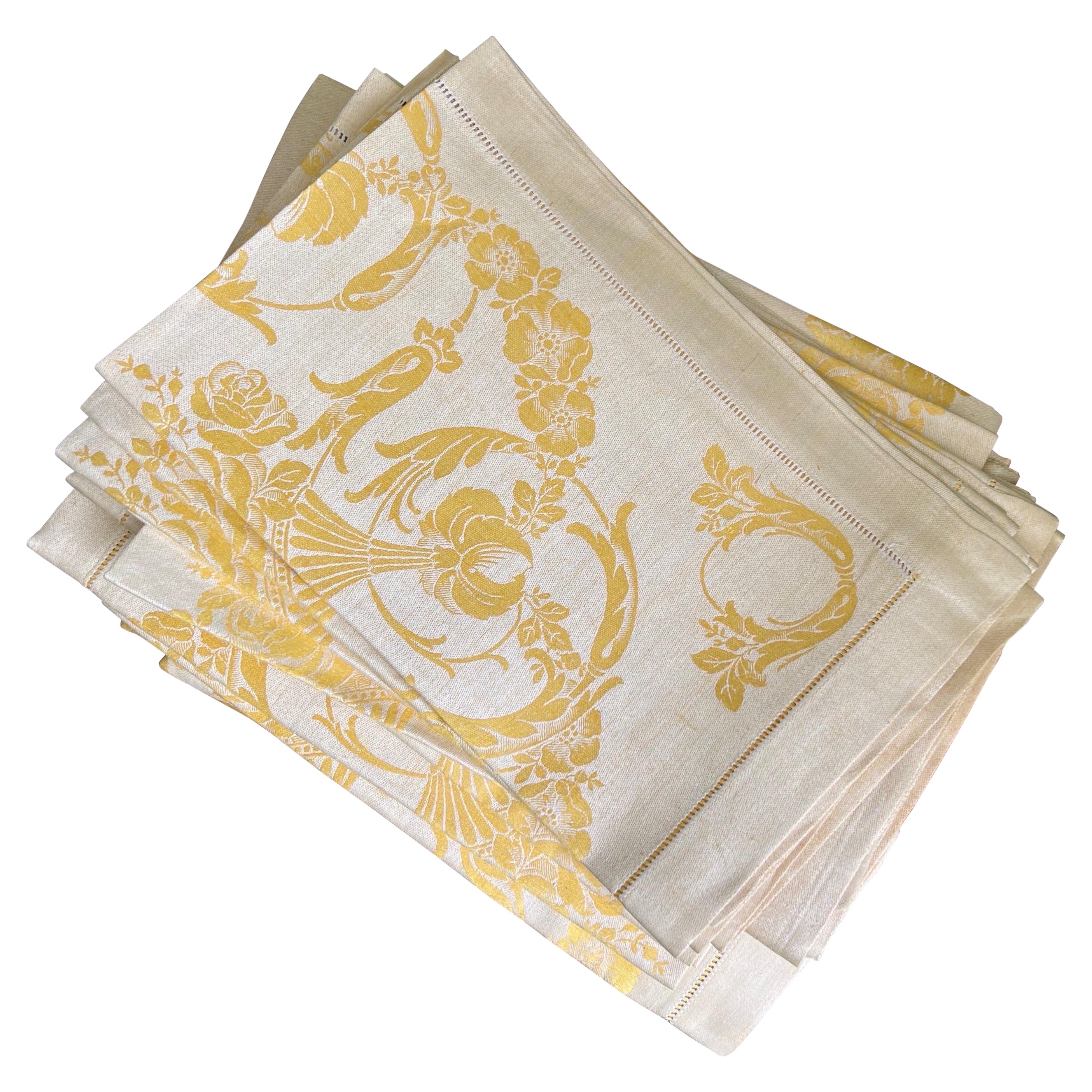 Two-Tone Canary Yellow Damask Polished Cotton Tablecloth and Napkins, 13 Pieces 