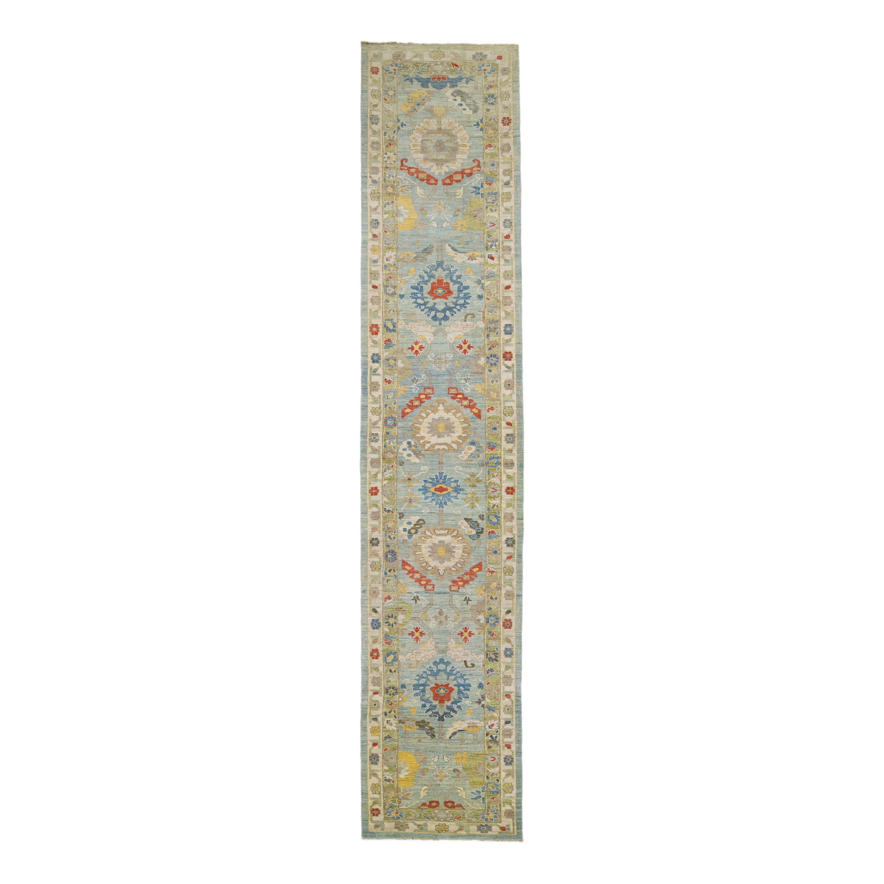Modern Sultanabad Long Wool Runner with Allover Pattern in Blue For Sale