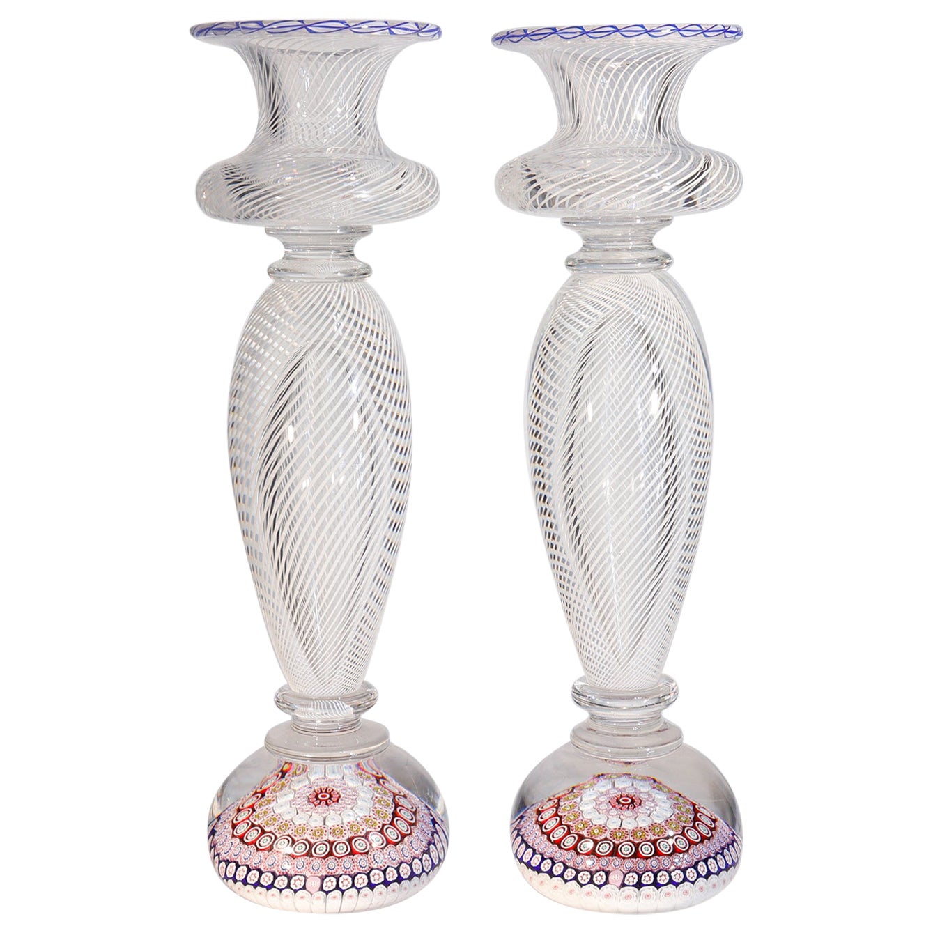 Pair of Saint Louis Glass Millefiori and Latticino Paperweight Candlesticks