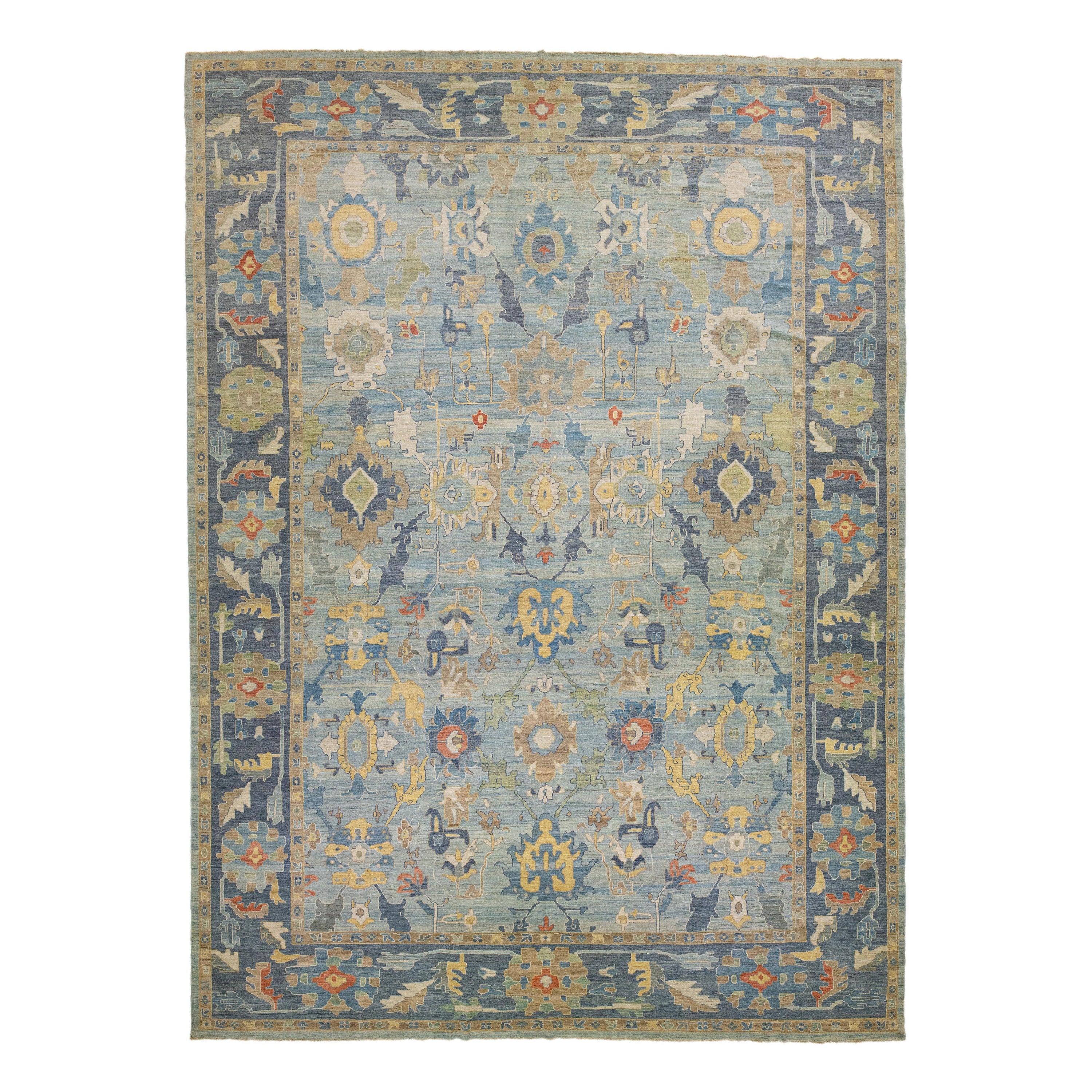 Light Blue Oversize Sultanabad Wool Rug Handmade with Allover Pattern