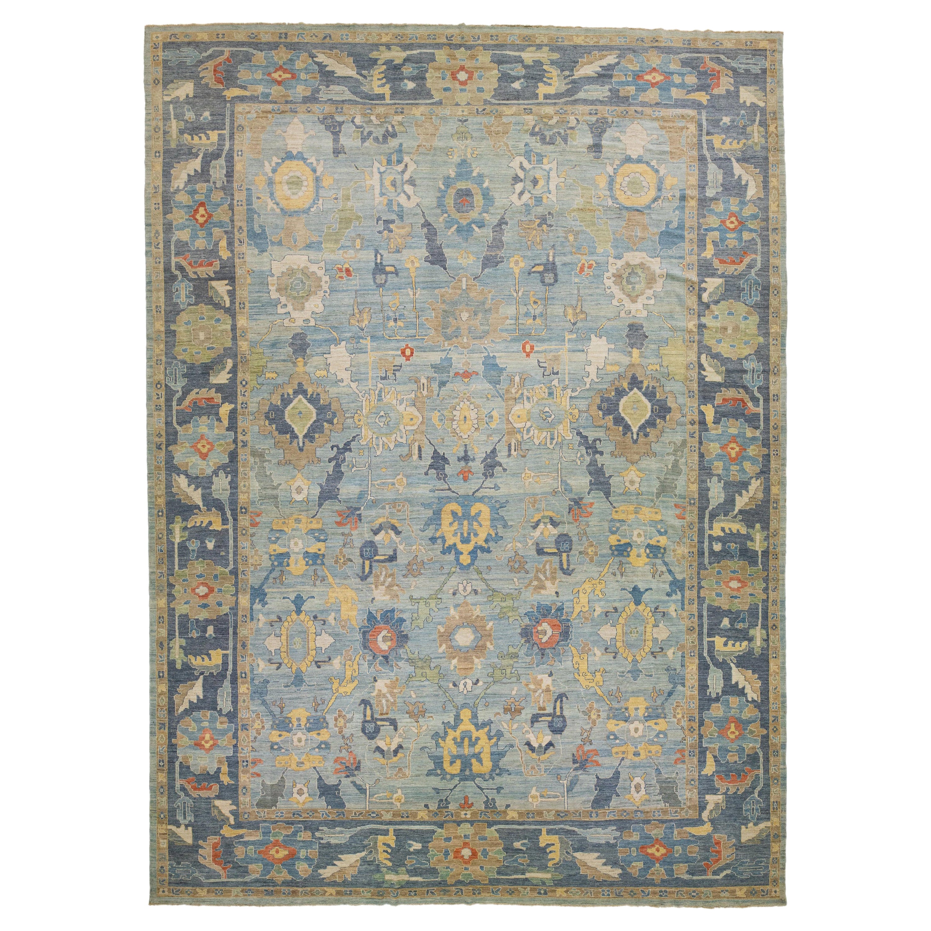Light Blue Oversize Sultanabad Wool Rug Handmade with Allover Pattern